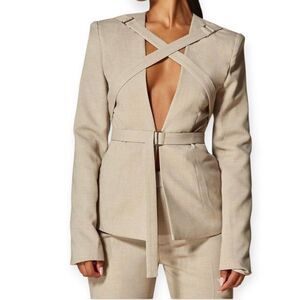 PLT LABEL Oatmeal Strap Detail Cross Over Fitted Blazer, 2